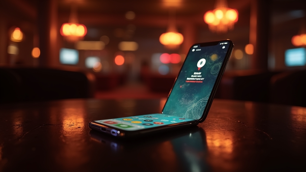 Un móvil mostrando una descarga segura de la app en un entorno de casino oscuro